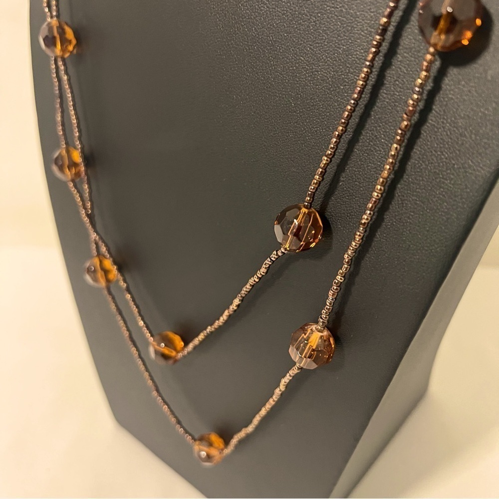 Amber Brown Glass Faceted Bead Long Necklace Bronze Seed Beaded Boho Layered